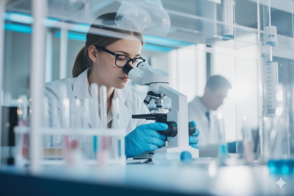 une femme qui regarde dans un microscope en dermatologie